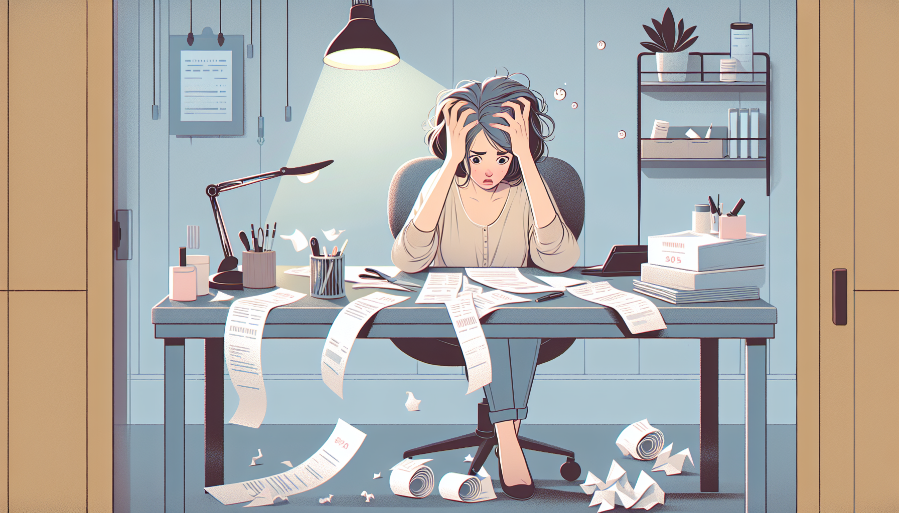 Individual stressed with receipts and financial documents.