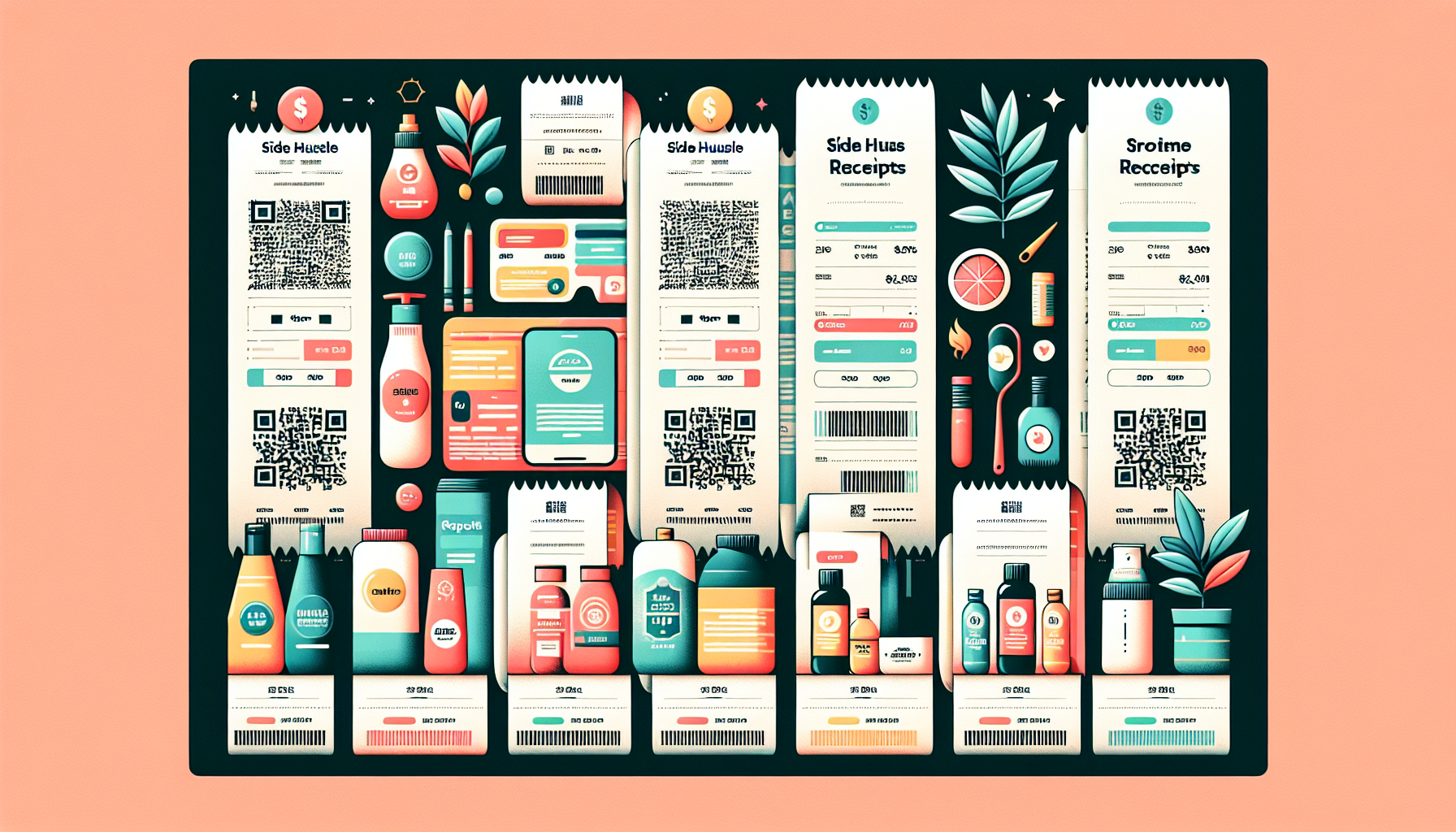 Collection of colorful retail receipts for side hustle income generation.