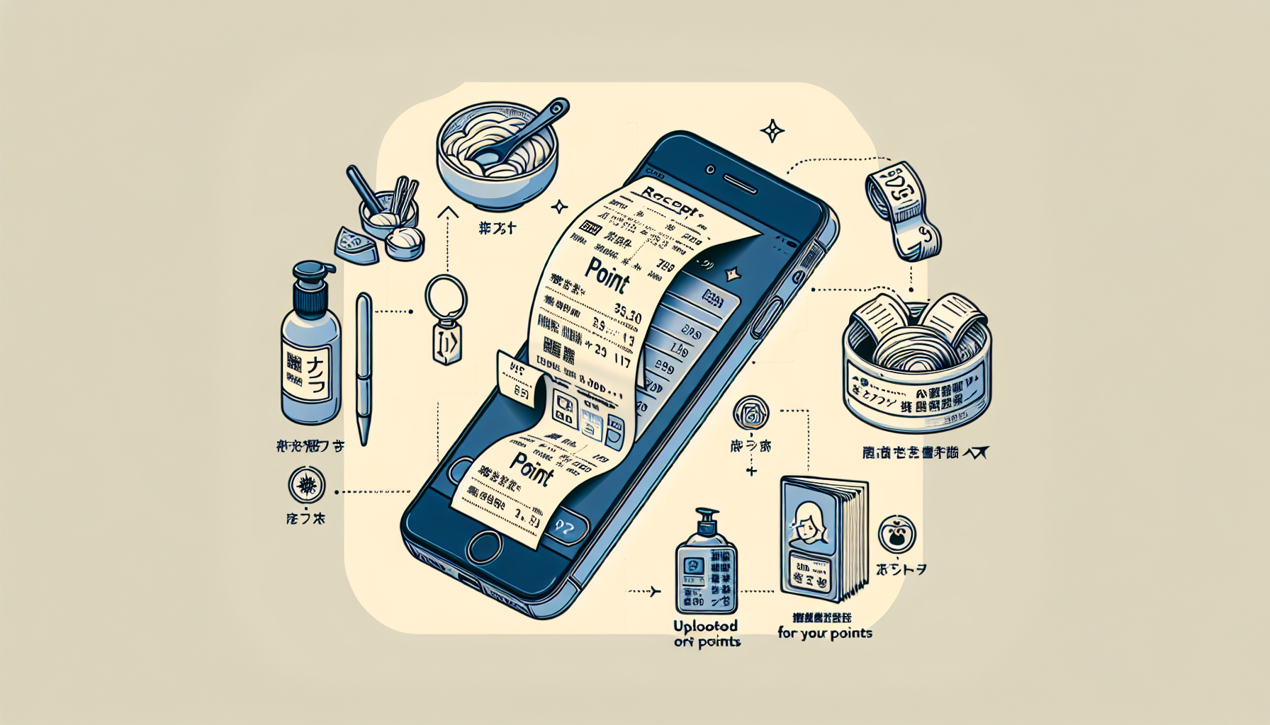Illustration of using a receipt point app: choosing trusted apps, photographing receipts, uploading, earning points, and redeeming rewards.