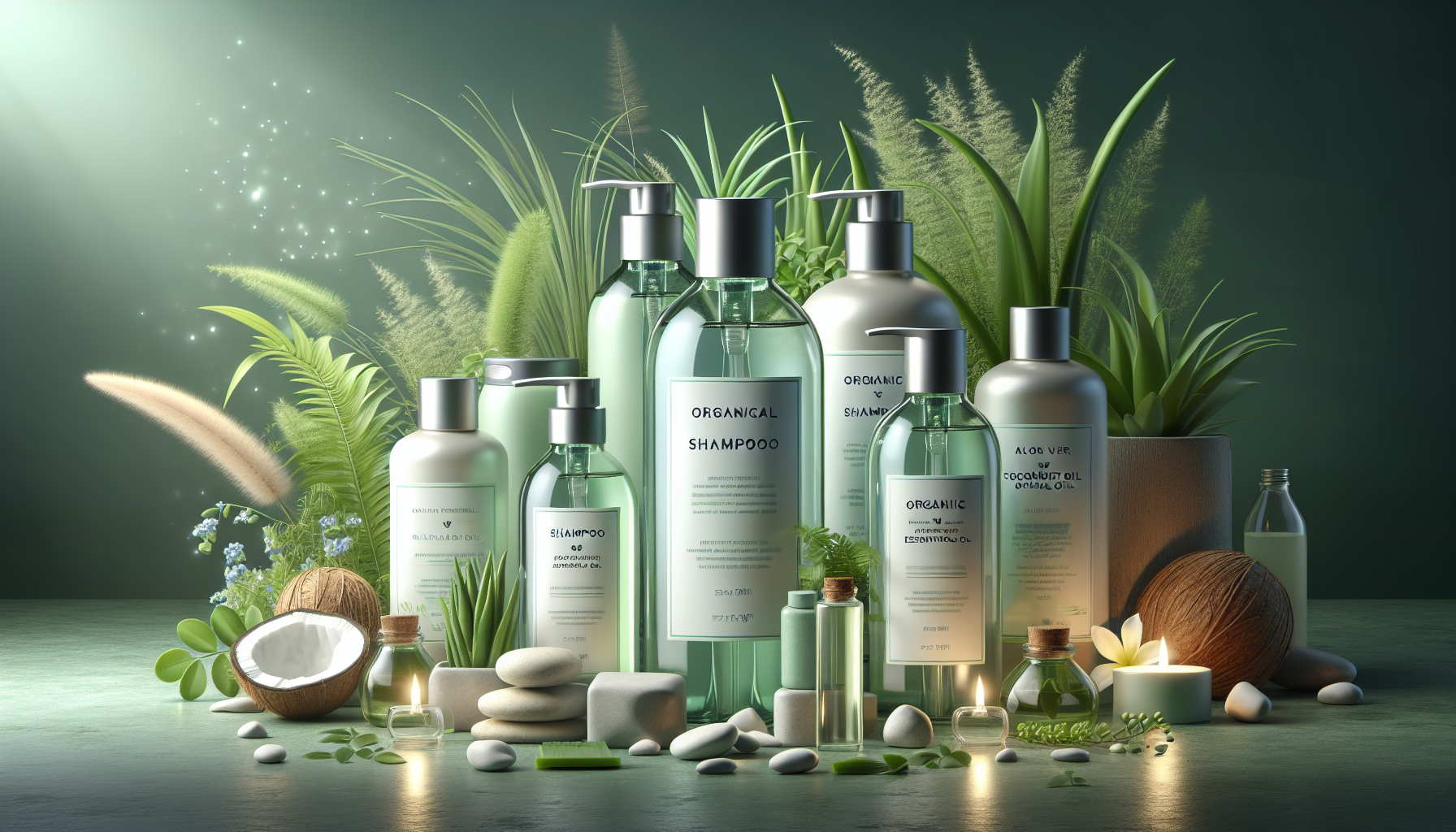 Natural and organic shampoo bottles suitable for sensitive skin in a serene environment.