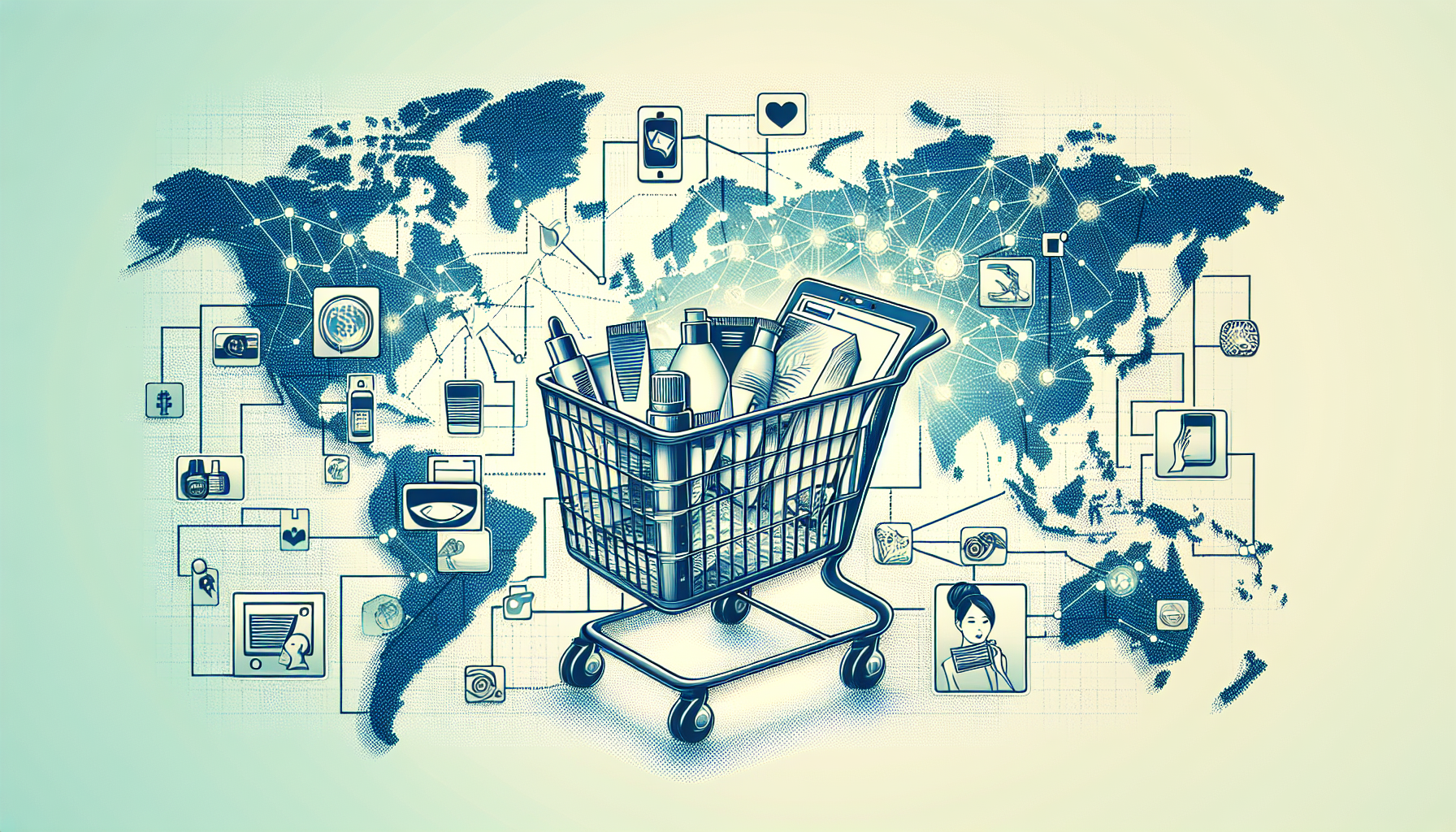 Illustration of global online shopping platforms with a diverse shopping cart and world map