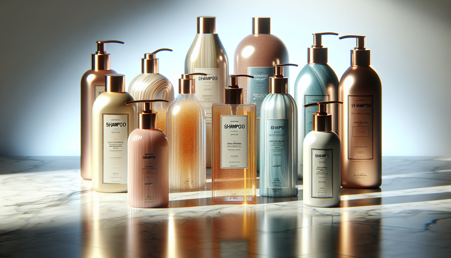 Display of recommended salon-exclusive shampoos on a marble countertop.