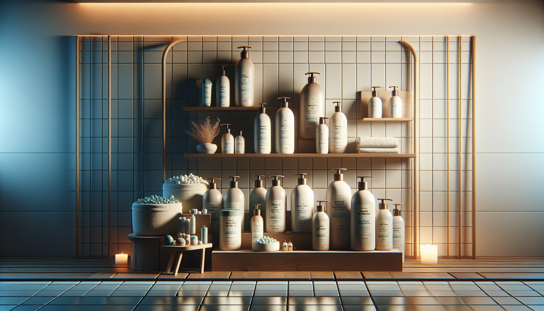 A collection of sensitive skin shampoos on a wooden shelf in a serene bathroom setting.