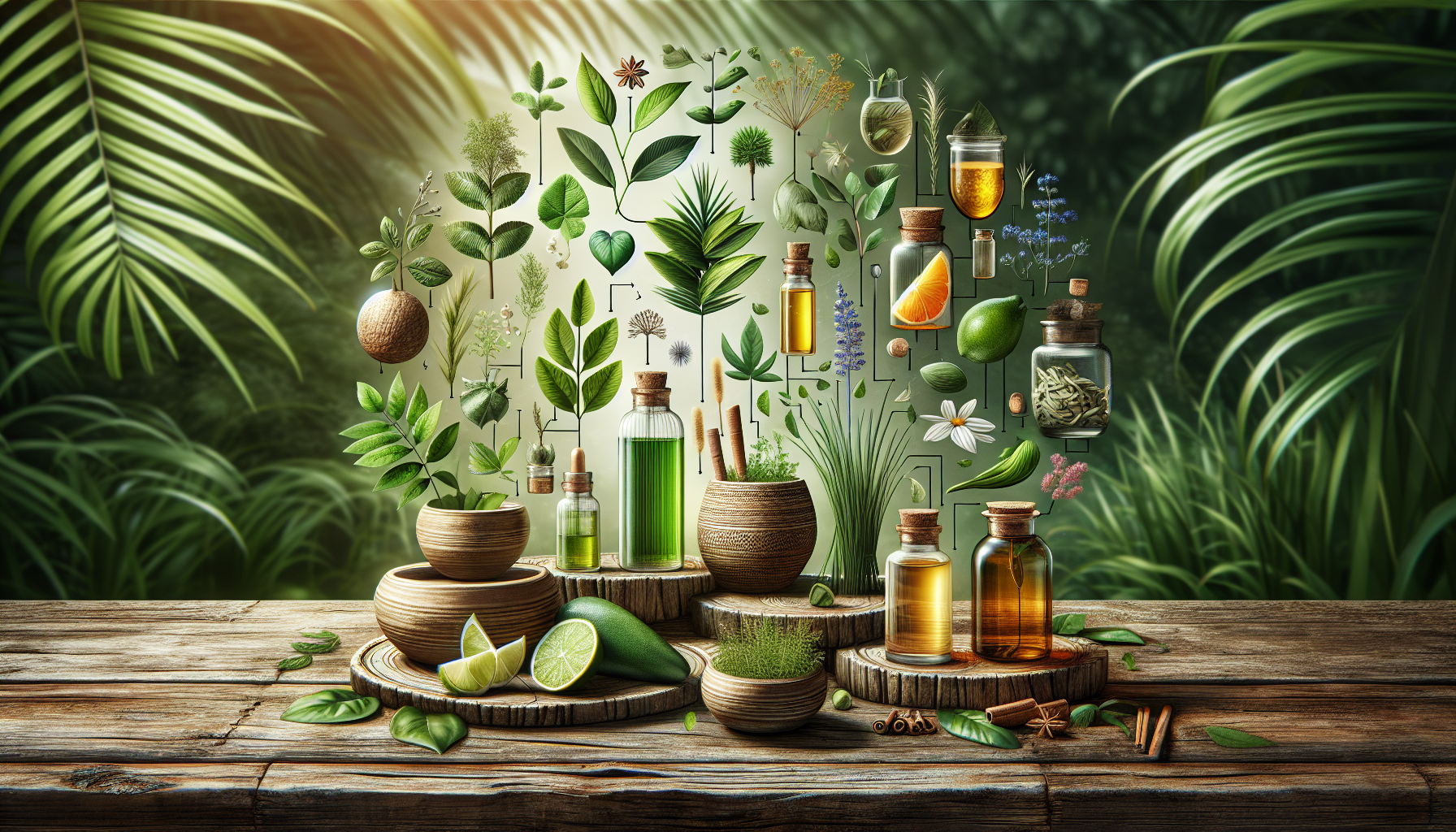 A selection of natural and organic shampoo ingredients such as botanical extracts and essential oils on a wooden table.