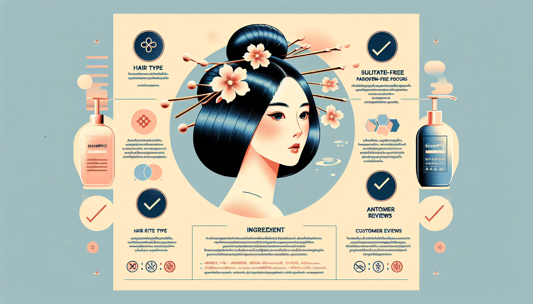 A checklist graphic highlighting important factors in choosing shampoo, including hair type and ingredient focus.