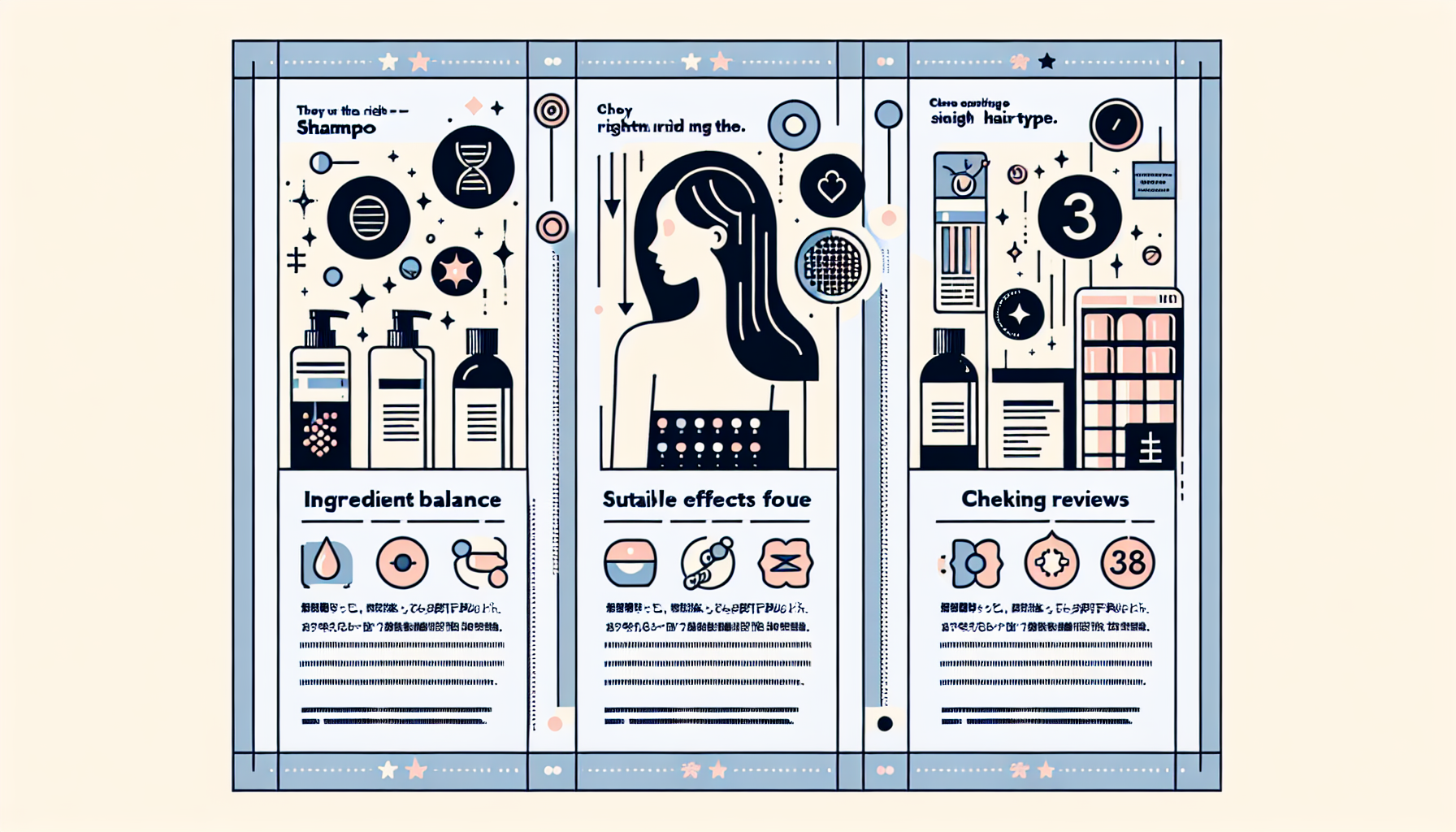 Infographic illustrating three key points for choosing the right shampoo: ingredient balance, suitable effects for hair type, and checking reviews.