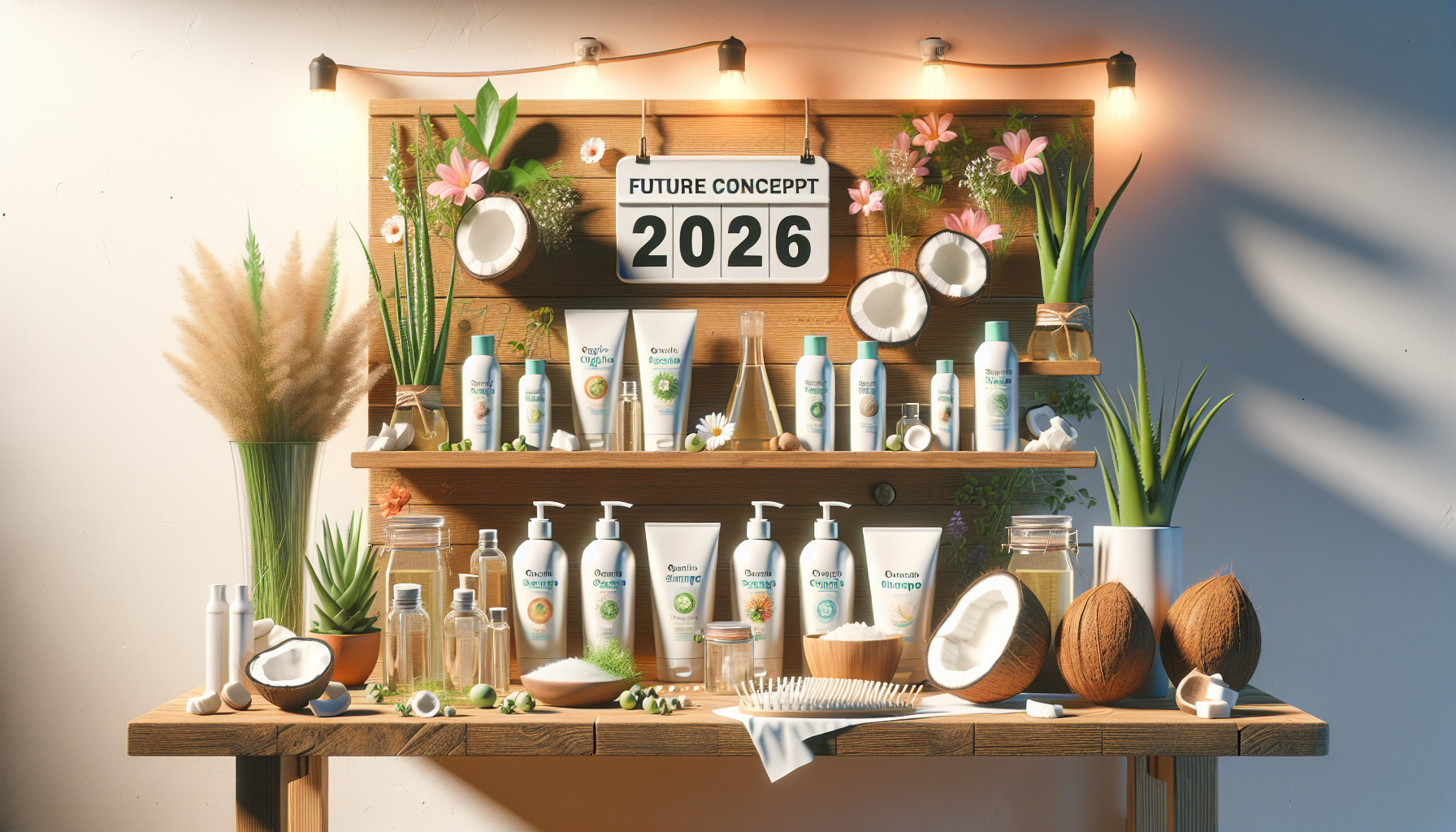 Display of organic and natural shampoo products with fresh ingredients.