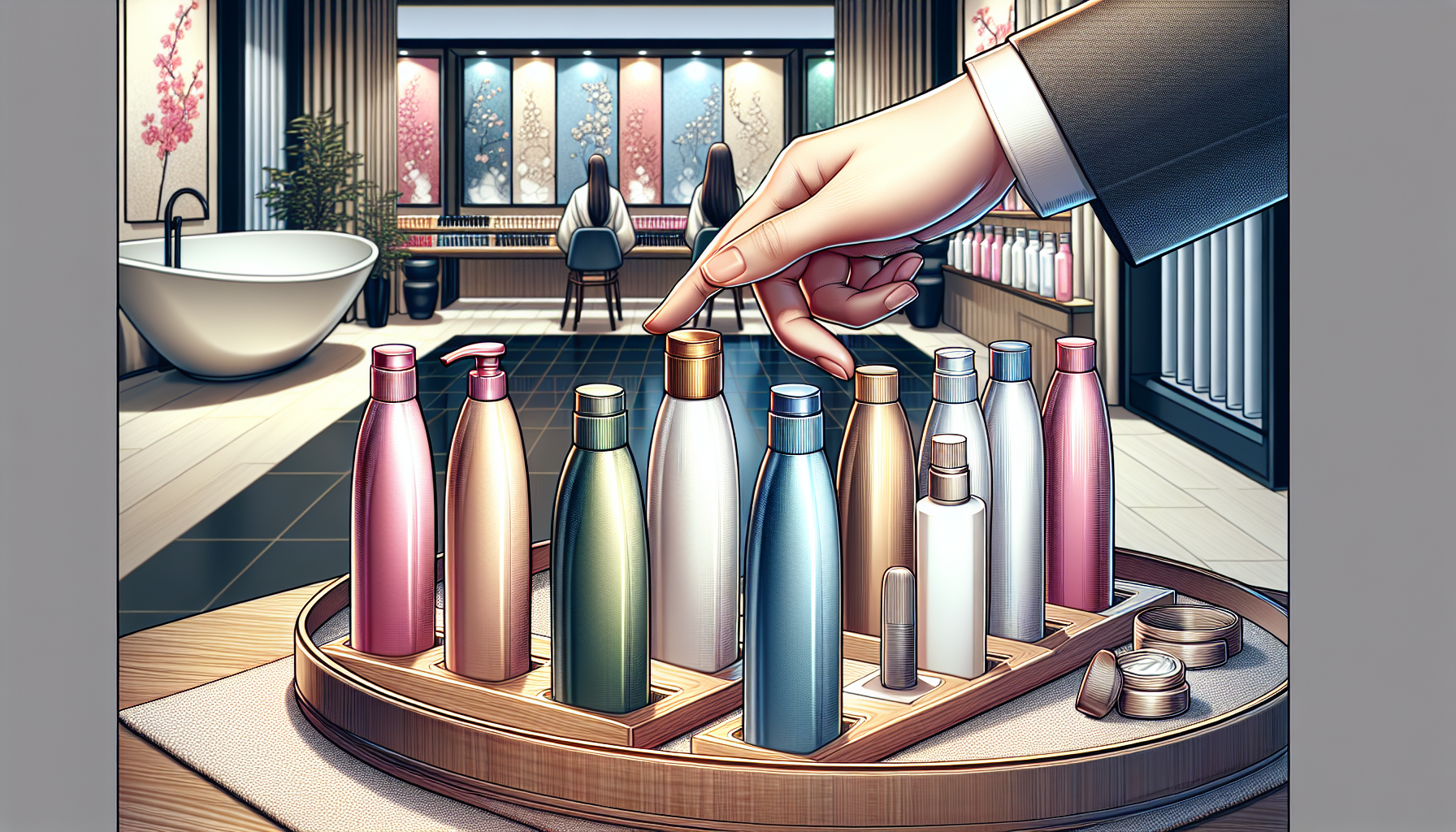 Hands testing shampoo products in a beauty store.