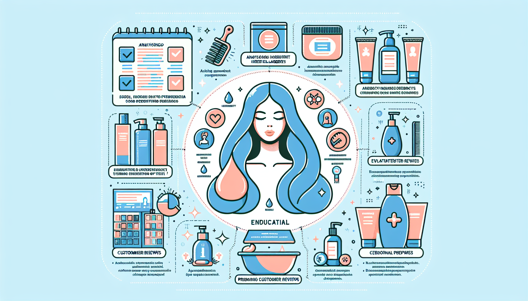 Illustration of key points for choosing shampoo, highlighting ingredient labels, reviews, and personal preferences.