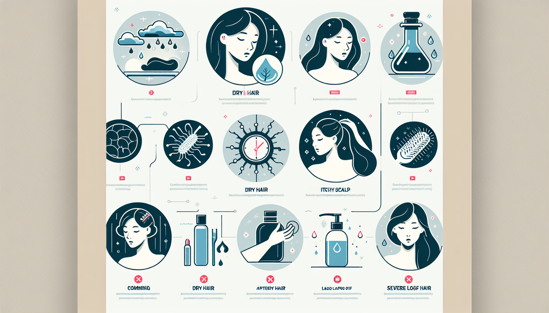 Common hair care concerns infographic showing issues like dry hair, itchy scalp, and hair loss.