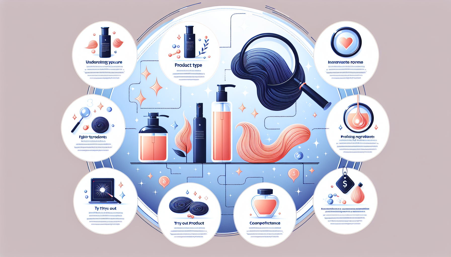 Infographic of shampoo and treatment selection tips, emphasizing hair type, ingredients, usage, and pricing.