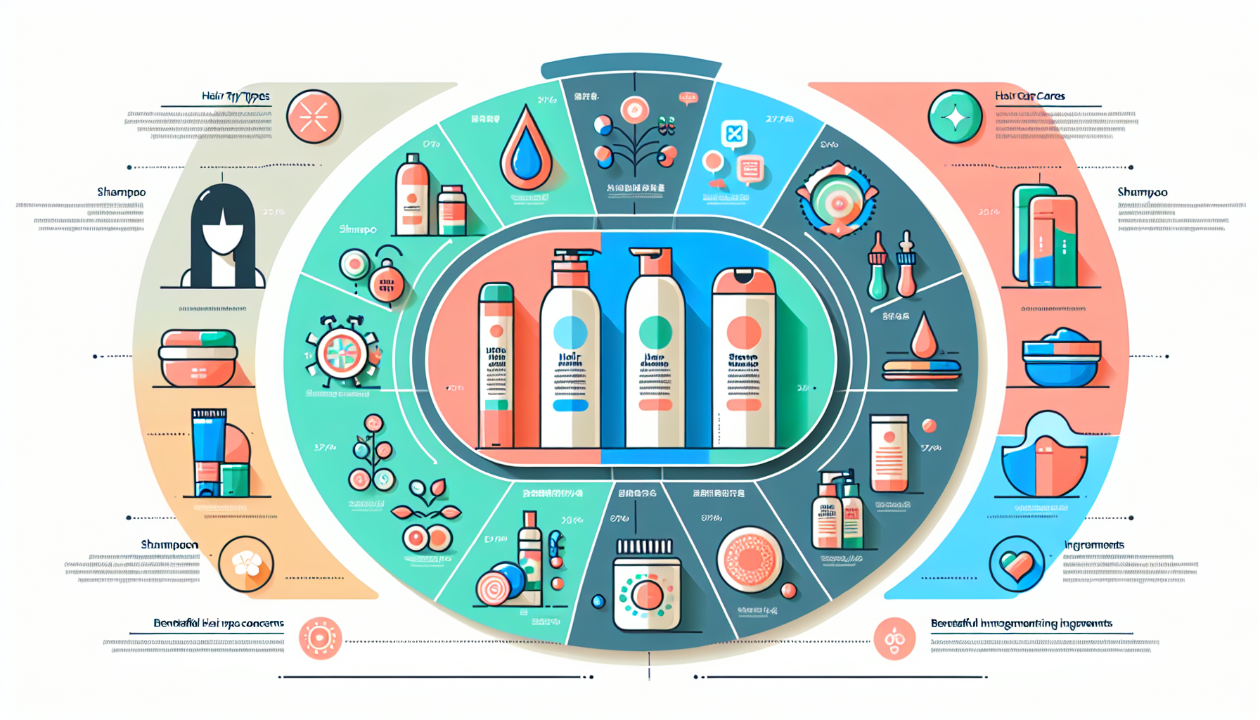 An infographic illustrating key points for choosing shampoo and treatments, including hair types and beneficial ingredients.