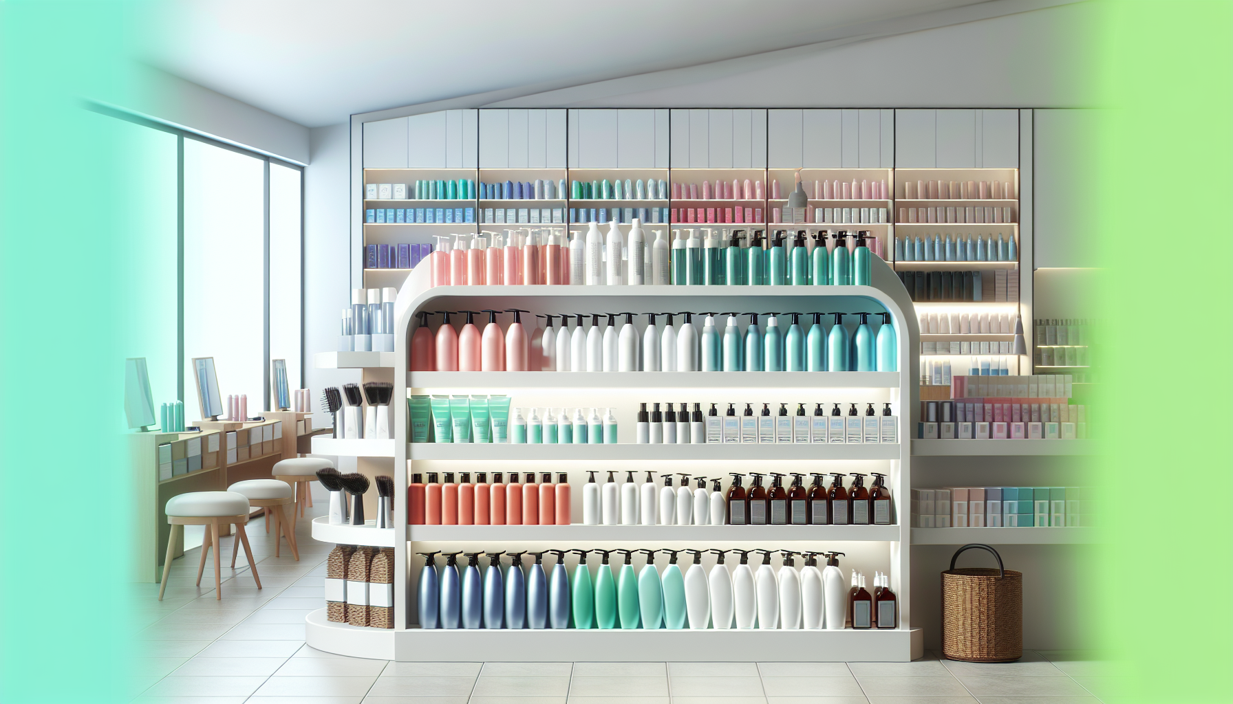 A modern hair salon showcasing various shampoo and treatment products, highlighting diversity in hair care options.