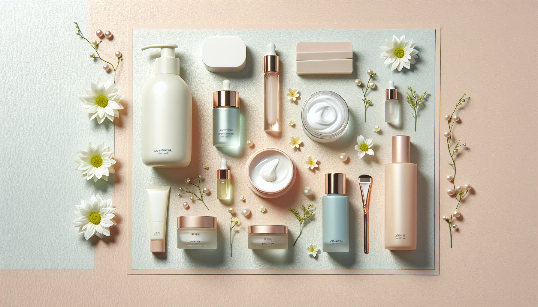 A flat lay of popular skincare products for 2026 including moisturizer, serum, and facial mask.