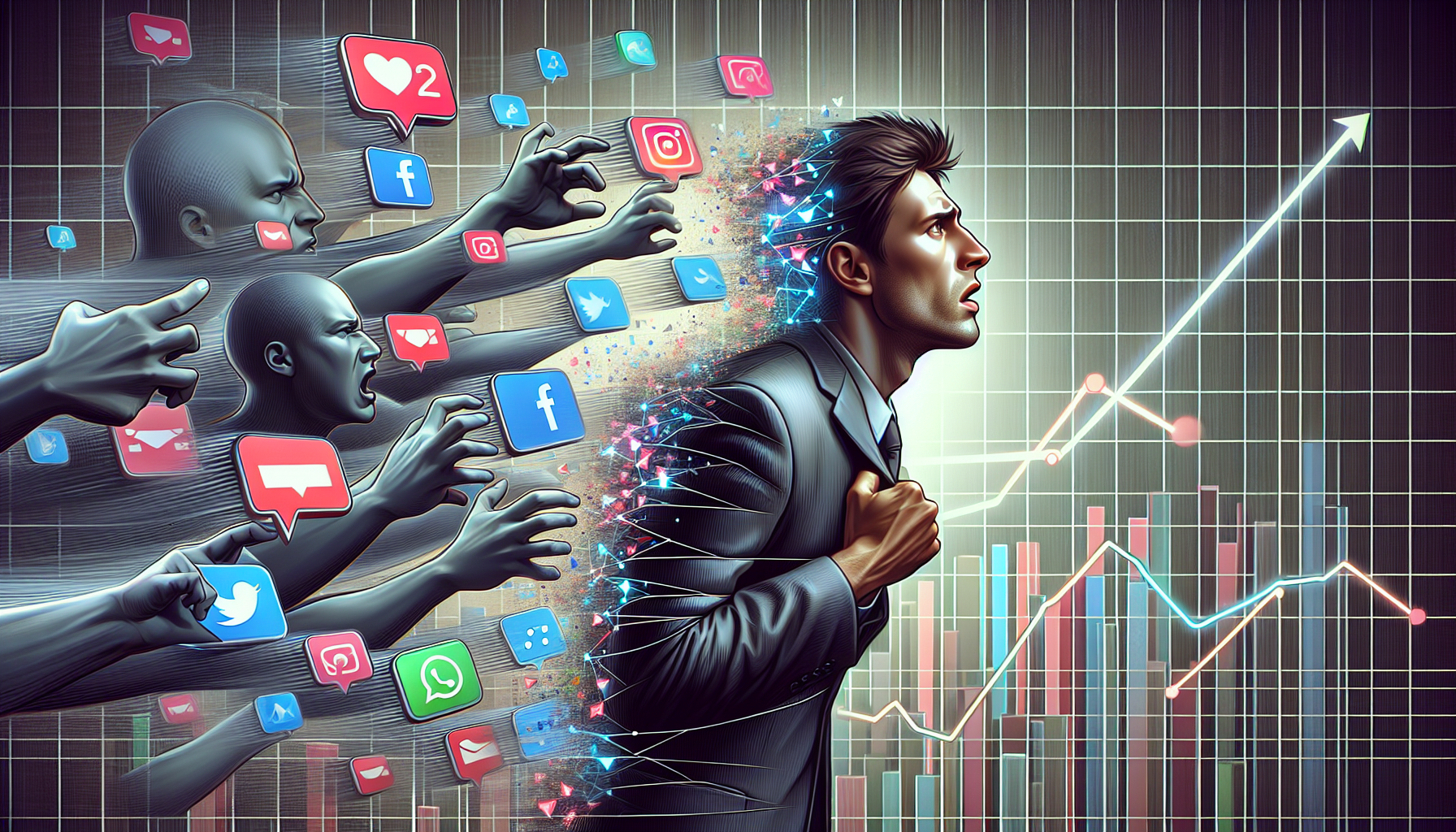 Common challenges in TikTok advertising, distressed marketer with social media icons and poor engagement graphs.