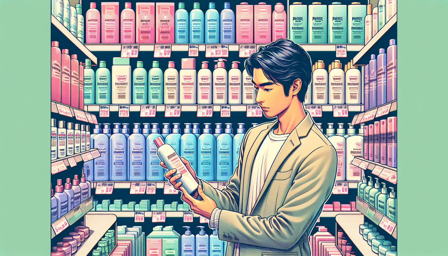 Person inspecting hair treatment products in a beauty store, focusing on ingredients and labels.