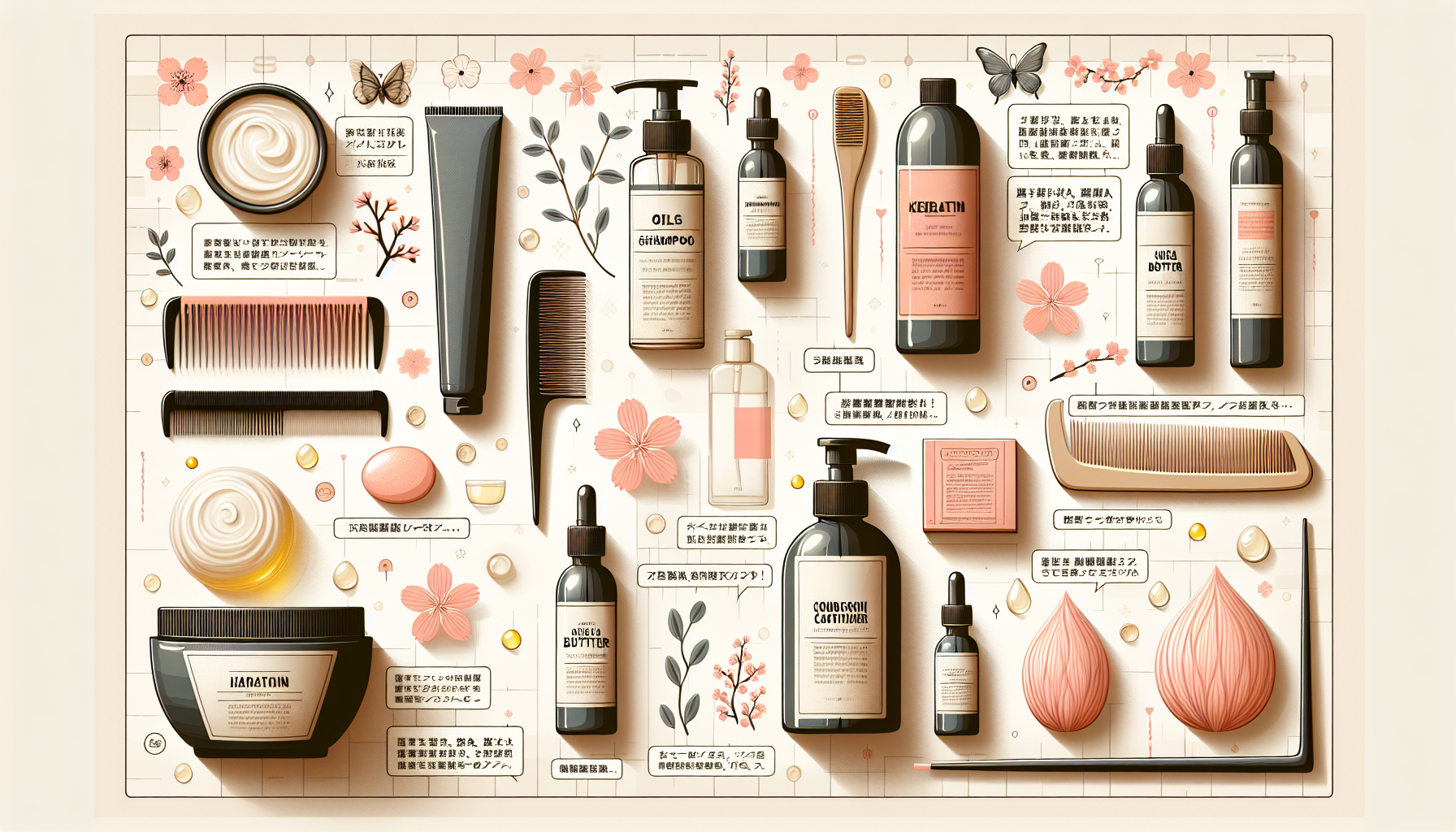 Collage of hair treatment products with ingredients showcasing their benefits.