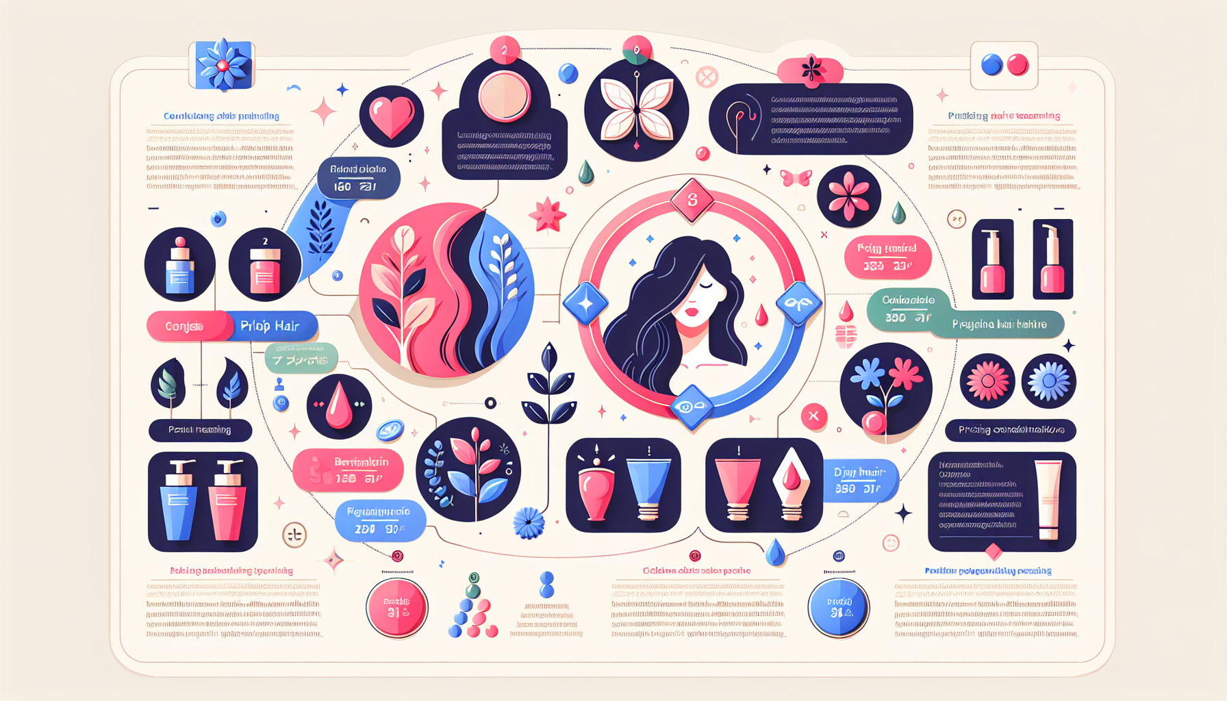 Infographic showing key points for selecting hair treatments, including hair types, ingredients, usage conditions, and pricing.