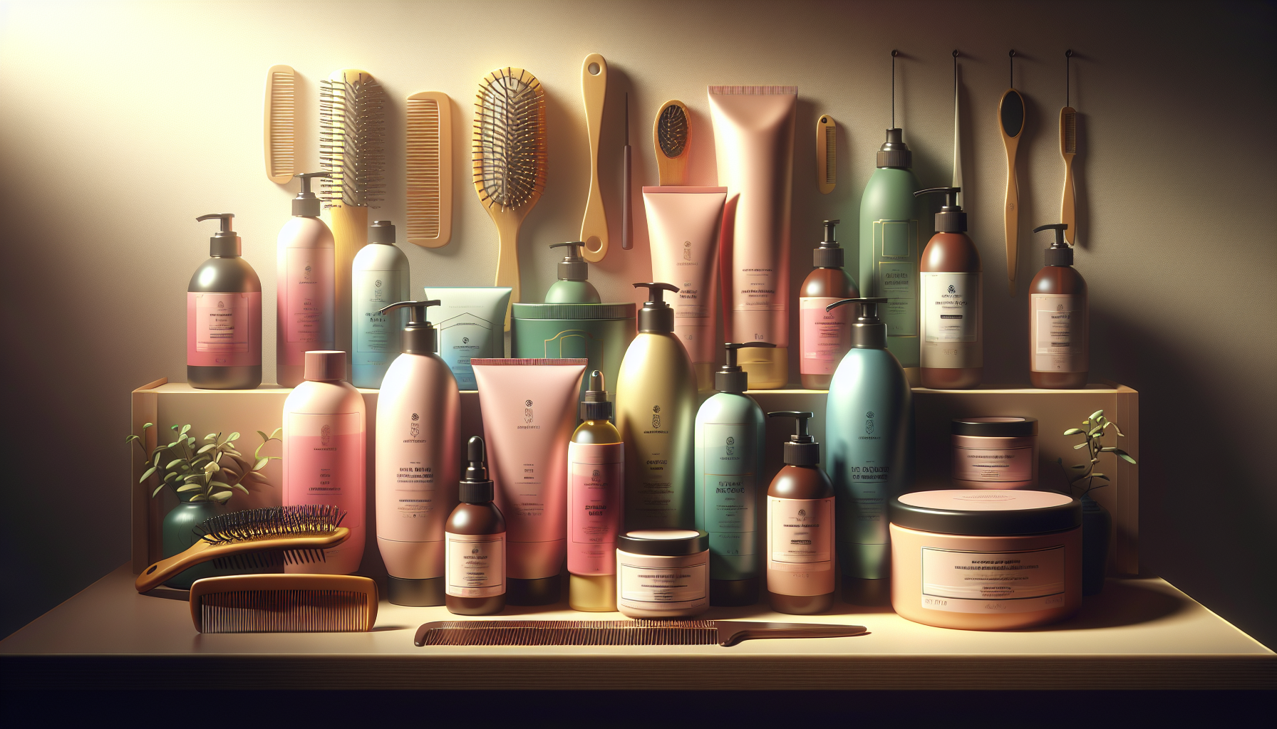 Various hair treatment products on a bathroom shelf including masks and oils.