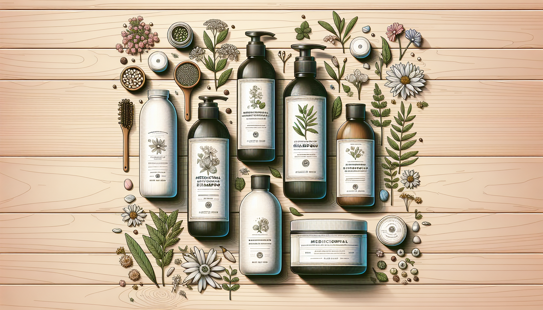 A variety of medicinal shampoos in an artistic flat lay arrangement with herbs and flowers.