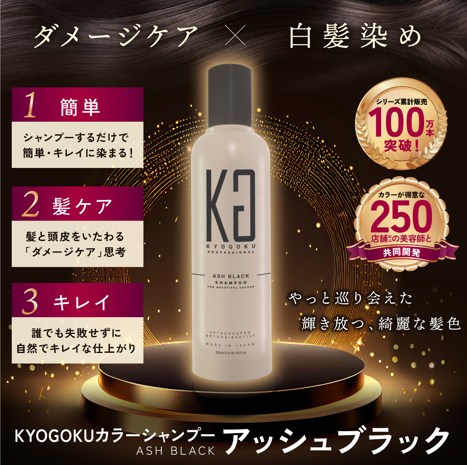 KYOGOKU カラーシャンプー アッシュブラック 200ml カラー シャンプー 白髪 サロンシャンプー アッシュ ブラック ブリーチ髪 ダメージケア サロン専売品